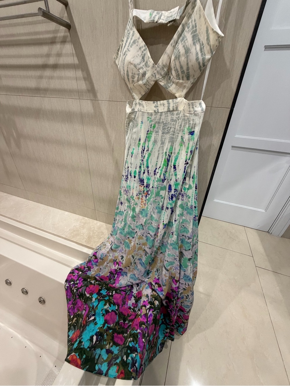 BCBGMaxAzria Cream Maxi Dress with Teal, Purple & Pink Floral Ombre